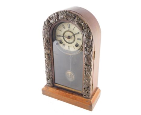 An early 20thC Takano domed mantel clock, the case raised with Oriental figures, revealing a 13cm diameter dial with Roman nu