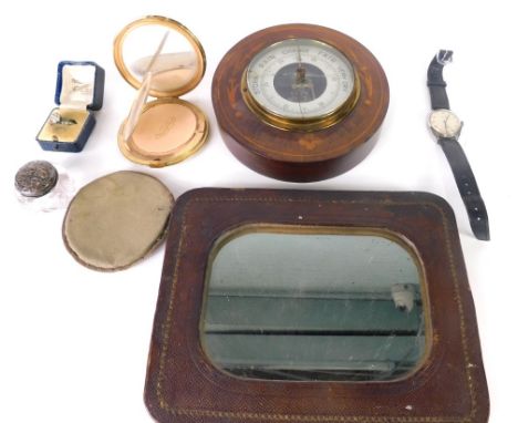 An Edwardian mahogany wall barometer, in circular case with floral inlay, 15cm diameter, a silver topped dressing table jar, 