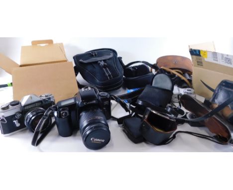 Various cameras and related items, Cobra, Petri, various others, binoculars, Coolpix 4100 box camera, etc. (a quantity) 