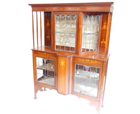 An Edwardian mahogany and marquetry display cabinet in the manner of Shapland &amp; Petter, with a moulded cornice above a as