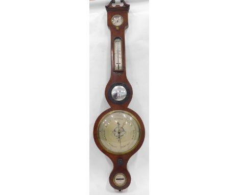 P &amp; A Cicera &amp; Co. A mahogany five dial banjo barometer, with dry damp feature, thermometer, bullseye glass, 19cm dia