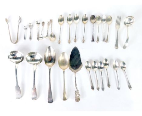Various Georgian and later silver flatware, a ladle, fiddle pattern, 16cm long, another similar, Lincoln Imp topped spoons, v