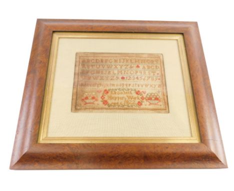 A George IV alphabetic sampler, by Elizabeth Hopper 1822, set with baskets of fruit, 19cm x 24cm, mounted glazed and framed. 