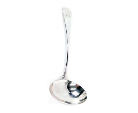 A George III silver ladle, by Thomas Dicks, old English pattern monogrammed, London 1803, 16cm long, 1.2oz. 