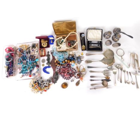 Various costume jewellery and other effects, pair of dwarf candlesticks, 6cm high, napkin ring, various beads, necklaces, etc