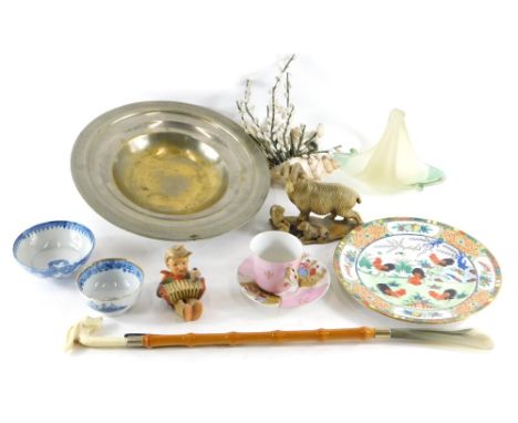 Various porcelain, metalware, and effects, an Eastern dish of circular form with repeat geometric pattern, ram ornament, Goeb