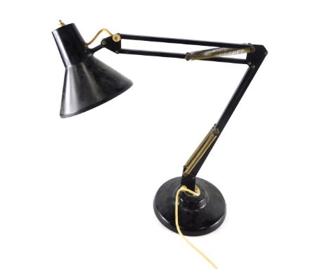 A vintage Anglepoise lamp, with black metal cone shaped shade 15cm long, articulated stem and circular stepped foot. WARNING!