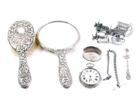 Various silver, two piece dressing table set, comprising hand mirror, 23cm wide, and hairbrush, white metal cart pulled by tw