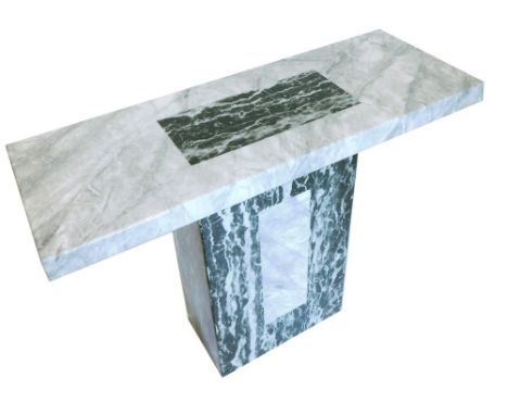 A marble console table, the rectangular pale grey top, with darker rectangular inset, on a rectangular support, 80cm high, 11