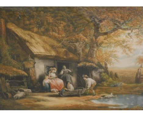 Clifford R. James. Figures in wheelbarrow and further figures and animals before cottage and trees, 1823 engraving with signa