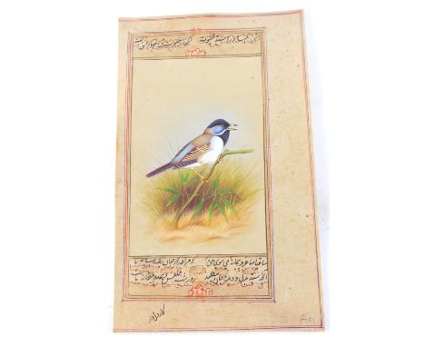 A miniature Persian manuscript, hand painted with bird with text to both sides, 19cm x 11cm. 