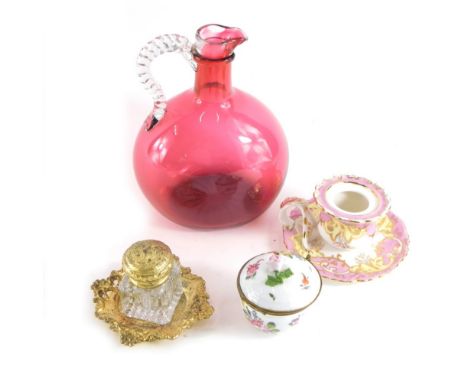 Porcelain and glassware, comprising a cranberry and clear glass ewer, glass inkwell, a Dresden porcelain box and cover, with 