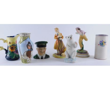 Various pottery and effects, a Poole vase of cylindrical form, 15cm high, a Continental bisque porcelain figure marked Gilles