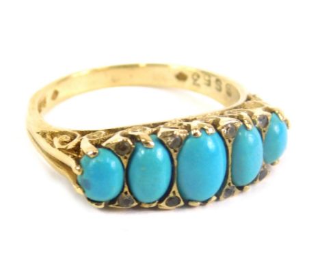 A 9ct gold dress ring, set with five graduated turquoise, size P, 3.7g all in.