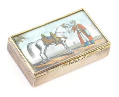 A George IV silver gilt and painted snuff box, by James Naismith of Edinburgh, with engine turned design, plain silver gilt i