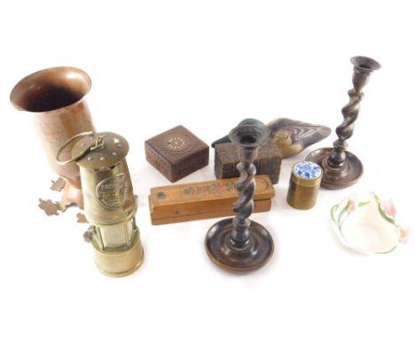 Various collectable items, a modern wooden decoy duck, 25cm wide, various other treen, pair of turned candlesticks, copper ve