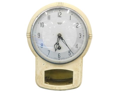 A 1950's Smiths wall clock, with 13cm diameter dial, with chrome plated chapter ring, Arabic numerals, with open section bene