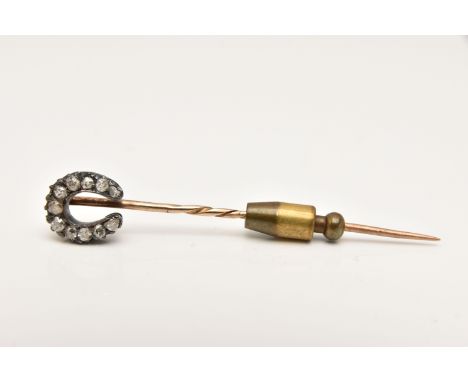 A LATE VICTORIAN DIAMOND HORSE SHOE STICK PIN, set with mainly old cut diamonds, estimated total diamond weight 0.35ct, unmar