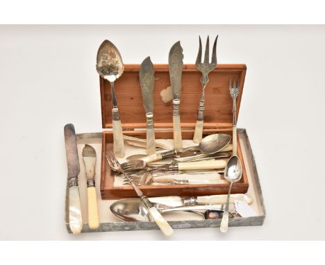 A SMALL SELECTION OF SILVER AND EPNS CUTLERY, to include a Georgian Old English pattern tablespoon, bent bowl, makers mark ru