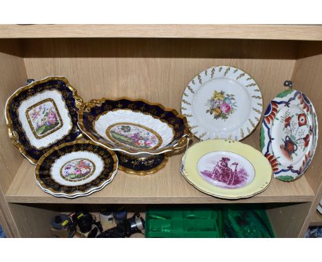 A GROUP OF MAINLY NINETEENTH CENTURY HAND PAINTED WARE, comprising a four piece dessert set dating from the first half of the