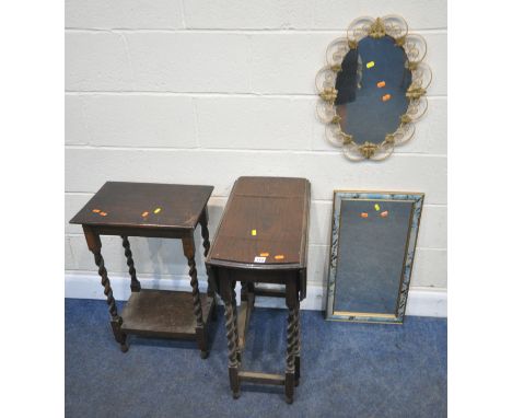 A 20TH CENTURY OAK BARLEY TWIST GATE LEG TABLE, width 32cm x depth 59cm x height 75cm, an occasional table, along with two wa