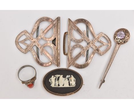 A SILVER NURSES BELT BUCKLE AND JEWELLERY, the buckle hallmarked 'Reynolds &amp; Westwood' Birmingham 1908, approximate gross