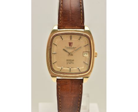 A GENTS GOLD PLATED 'OMEGA CONSTELLATION CHRONOMETER' WRISTWATCH, rounded square dial signed 'Omega Constellation Chronometer