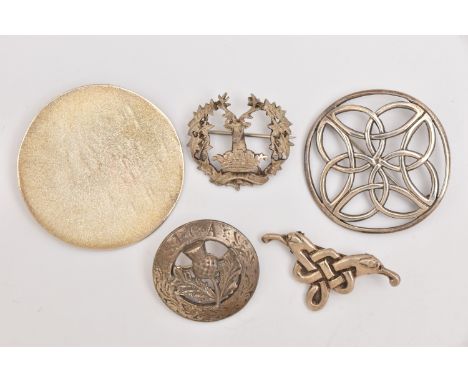 FIVE BROOCHES, to include a textured circular pendant fitted with a brooch pin and safety clasp, hallmarked Edinburgh, a wrea