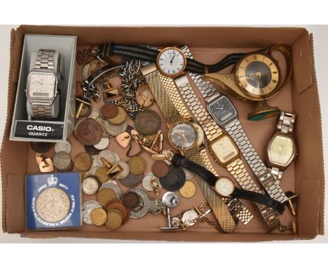A BOX OF ASSORTED WATCHES, ladies and gets watches, names to include Casio and Timex, a small quantity of costume jewellery, 