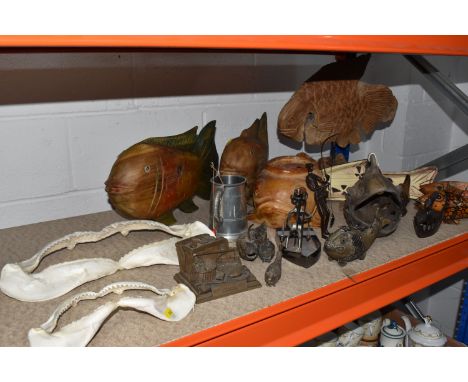A GROUP OF FISH RELATED ITEMS, to include two shark jaw bones with teeth, widths 25cm and 41cm, various wooden, metal and cer