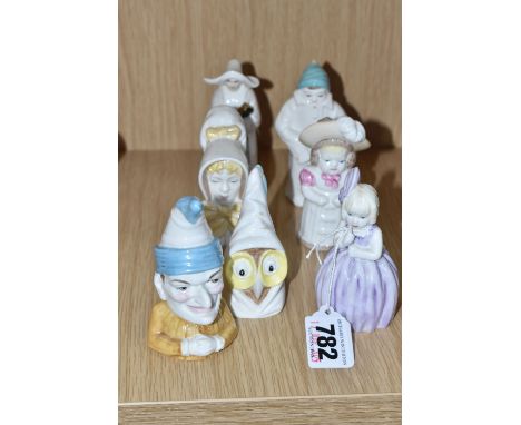 SEVEN ROYAL WORCESTER CANDLE SNUFFERS, comprising Hush, Owl, Punch, Young Girl, Feathered Hat, Nun (repaired with excess glue