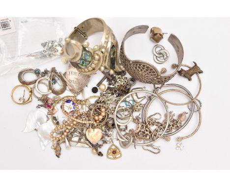 A BAG OF WHITE METAL JEWELLERY, to include various bangles, bracelets, a large textured cuff bangle stamped 925, a white meta