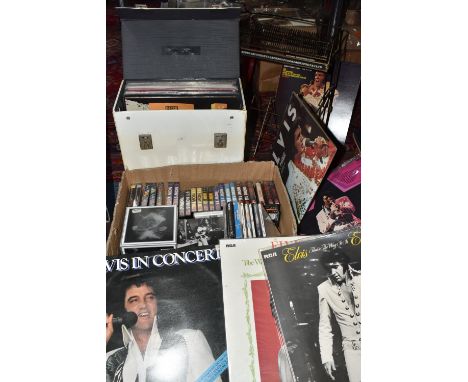 A BOX, A CASE AND LOOSE CDS, CASSETTE TAPES, RECORDS AND RECORD HOLDER, to include a David Bowie CD box set, comprising Heath