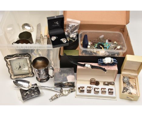 A PLASTIC BOX AND SHOE BOX OF ASSORTED COSTUME JEWELLERY, WATCHES AND ITEMS, to include a single silver Georgian Old English 