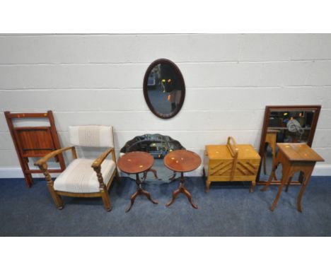A 20TH CENTURY CHAIR, a pair of tripod tables, three mirrors, a cantilever sewing box, a folding chair, and an occasional tab