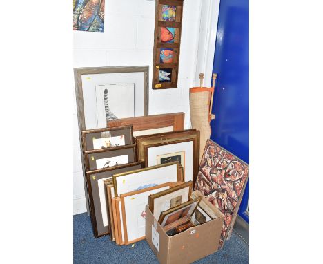 A QUANTITY OF PAINTINGS AND PRINTS ETC, to include four fish themed watercolours signed Clint, largest approximately 52cm x 5