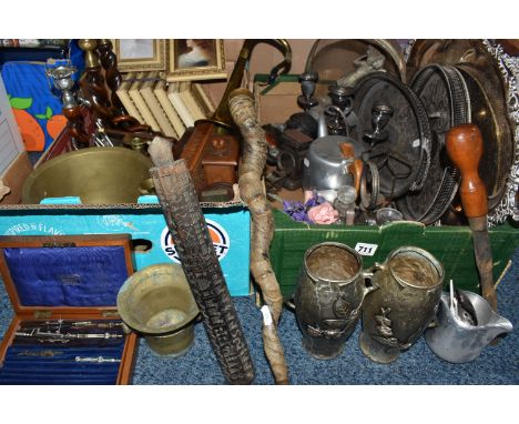TWO BOXES OF METALWARE AND TREEN, included four wood twist detail candlesticks with metal detail at the top, small decorative