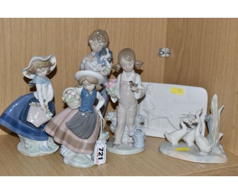 A GROUP OF MOSTLY LLADRO FIGURES to include a Lladro Collectors Society plaque, 'Sweet Pickings' No. 5222 designed by Linda c