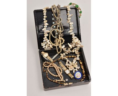 A BOX OF ASSORTED COSTUME JEWELLLERY, to include a long strand of baroque cultured pearls, imitation pearl necklace, a ladies