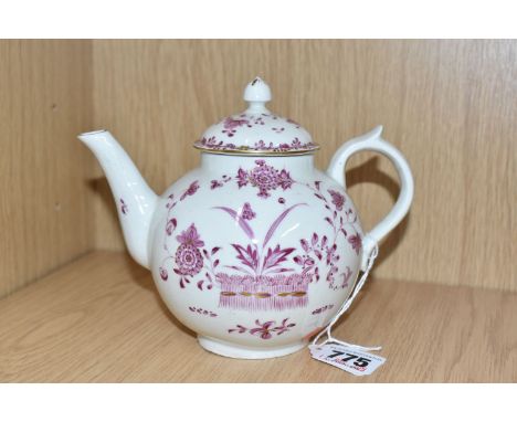 AN EIGHTEENTH CENTURY TEAPOT, probably produced in the 1760s or 1770s by an unknown maker, of globular form with domed cover 