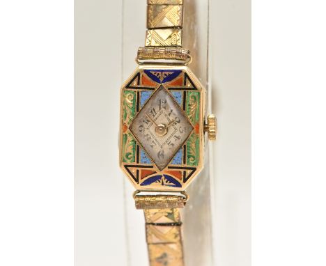A LADIES YELLOW METAL AND ENAMEL WRISTWATCH, the rectangular case with cut off corners, decorated with black, blue, red and g