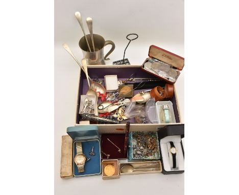 A BOX OF ASSORTED ITEMS, to include two aviation design silver tie slides, hallmarked 'Keith Hamilton-Gabb' Birmingham, appro