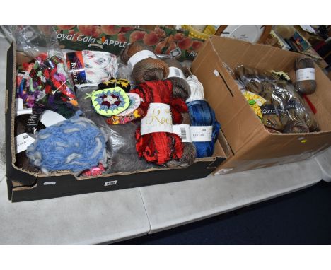 TWO BOXES OF KNITTING CRAFT ITEMS comprising assorted wool to include manufacturers Duchess, Rumba Tweed, Rico Design, assort