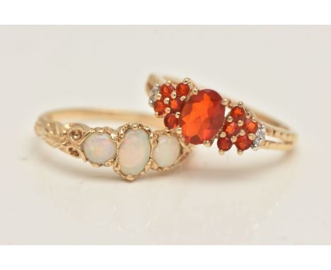 TWO GEM SET RINGS, the first a three stone opal ring prong set in yellow gold, hallmarked 9ct London, ring size N, approximat
