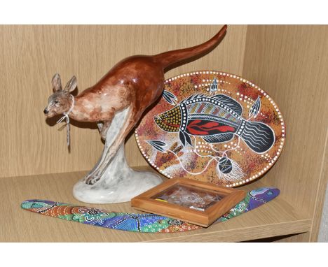 A GROUP OF AUSTRALIAN INTEREST ITEMS comprising a ceramic sculpture of a large red kangaroo in a leaping position, etched 'St