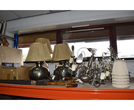 A BOX AND LOOSE LAMPS, LIGHTING, DVDS AND SUNDRY ITEMS, to include a pair of metal based table lamps, three other modern tabl
