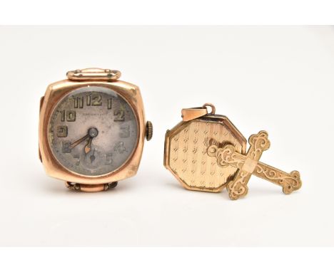 A YELLOW METAL WATCH HEAD AND TWO YELLOW METAL PENDANTS, the polished rose metal watch head, manual wind, round discoloured d