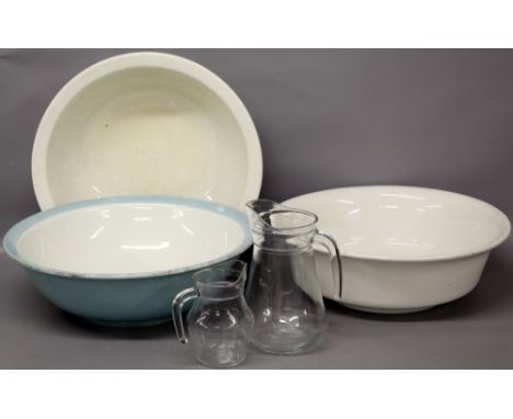 Assorted glass jugs (13 large & 4 small - sample shown) and 3 large ceramic bowls 