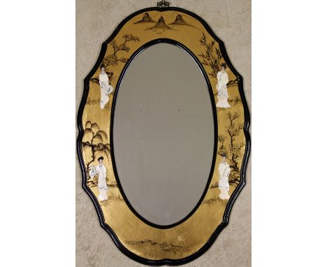 Oriental Oval Mirror with Gilt and Mother of Pearl Decoration.