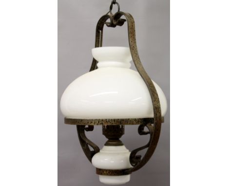 A mid 20th Century French hanging light (oil), metal frame, glass shade, chimney & reservoir (converted to electricity). Coll